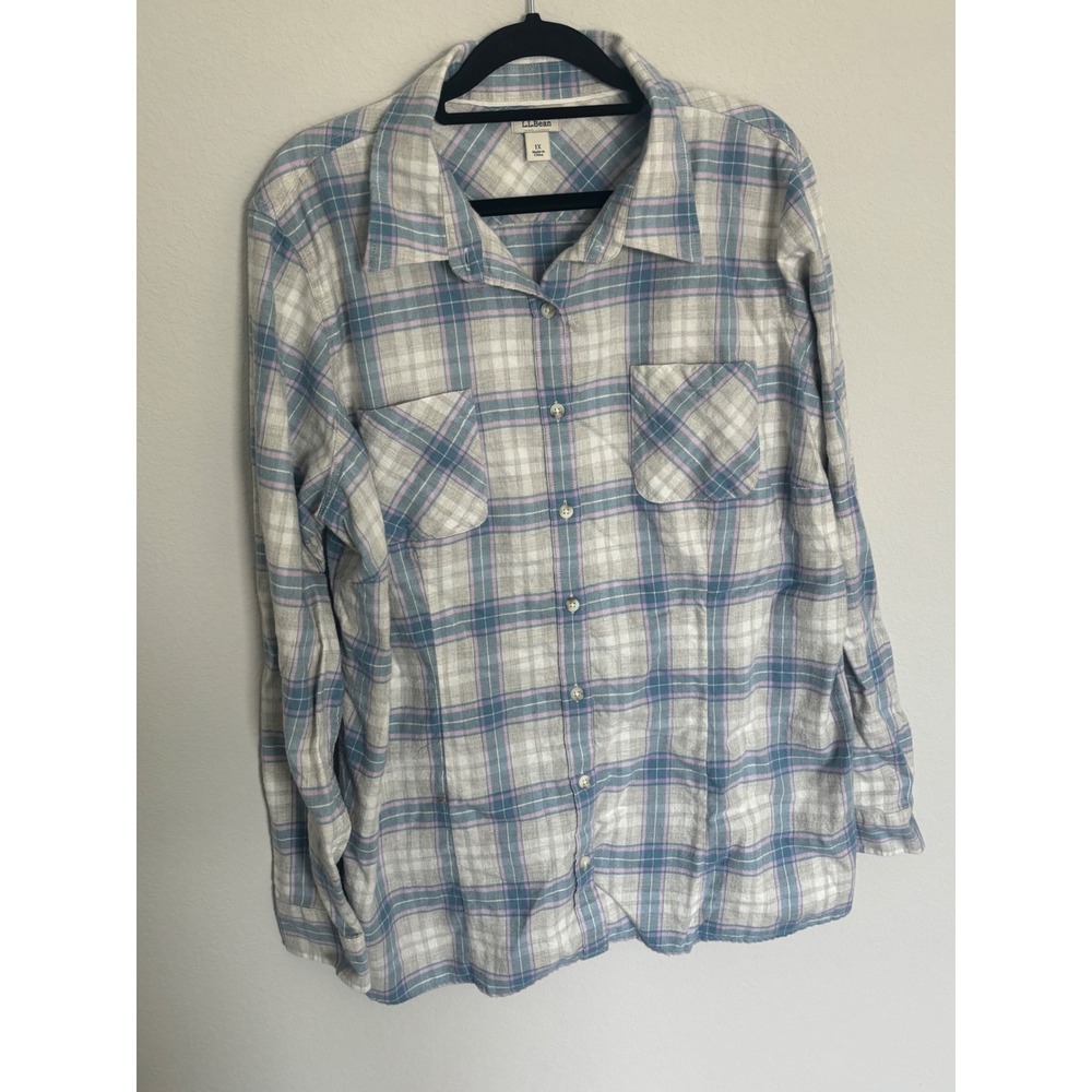 LL Bean Womens 1X Plaid Flannel Button Down Shirt Blue Grey Pink Long Sleeve